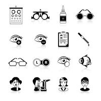 Oftalmología conjunto de iconos blanco negro vector