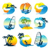 Conjunto de iconos de surf con personas vector