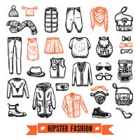 Fashion clothes hipster doodle icons set vector
