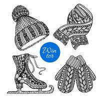 Decorative skates mittens scarf doodle icons vector