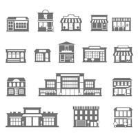 Stores and malls black white icons set vector