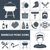 Barbecue picnic black icons set vector