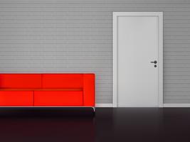 Brick wall with white door and red sofa vector