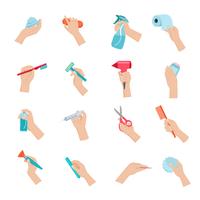Hand holding objects icons set