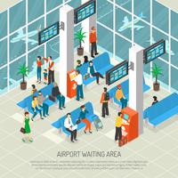 Ilustración isométrica del área de espera del aeropuerto vector