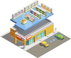  Supermarket Store Building Isometric Exterior View  vector