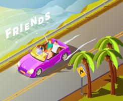 Friends Riding Car Isometric Travel Poster vector