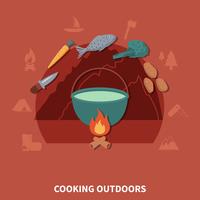 Equipo de excursionismo y productos alimenticios para cocinar al aire libre. vector
