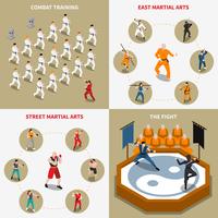 Artes marciales personas isométrica 2x2 iconos conjunto