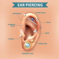 Piercing de oreja tipos cartel de fondo de posiciones vector