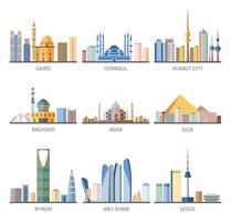 Colección de iconos planos de monumentos de paisajes urbanos del este vector