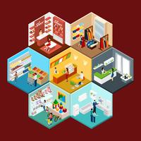 Shopping Mall Hexagonal Pattern Isometric Composition  vector
