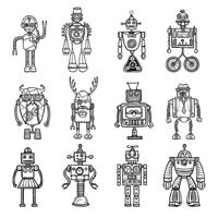 Robots Doodle stile Black Icons Set  vector