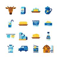 Conjunto de iconos planos de productos lácteos de leche vector