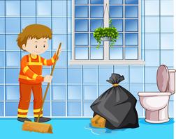 Conserje limpiando piso mojado en inodoro vector