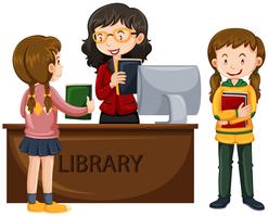 Kids check out books from library vector