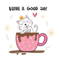 cute cat licking hand in cup of coffee, hand drawn vector