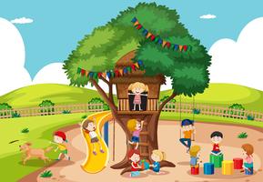 Children playing at tree house vector