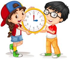 Boy and girl holding clock vector