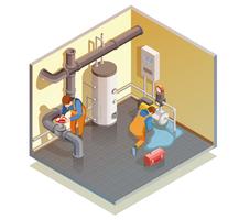 Plumbers Boiler Leak Fixing Isometric Composition vector