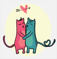 doodle gatos besándose con corazón volando en el marco de amor vector