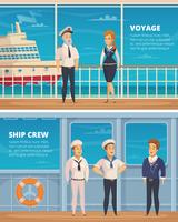 Banners de dibujos animados de personajes de tripulación de barco vector
