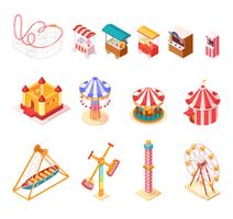 Conjunto de iconos de dibujos animados isométrica del parque de atracciones vector