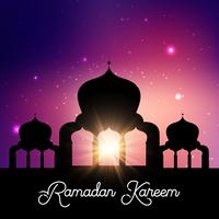 Ramadan Kareem background with mosque silhouette against night sky vector