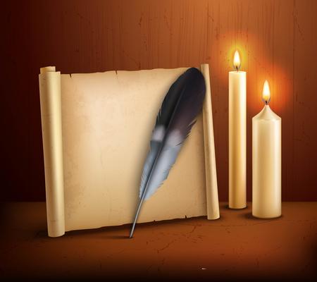 Feather Parchment Candles Realistic Background Poster 