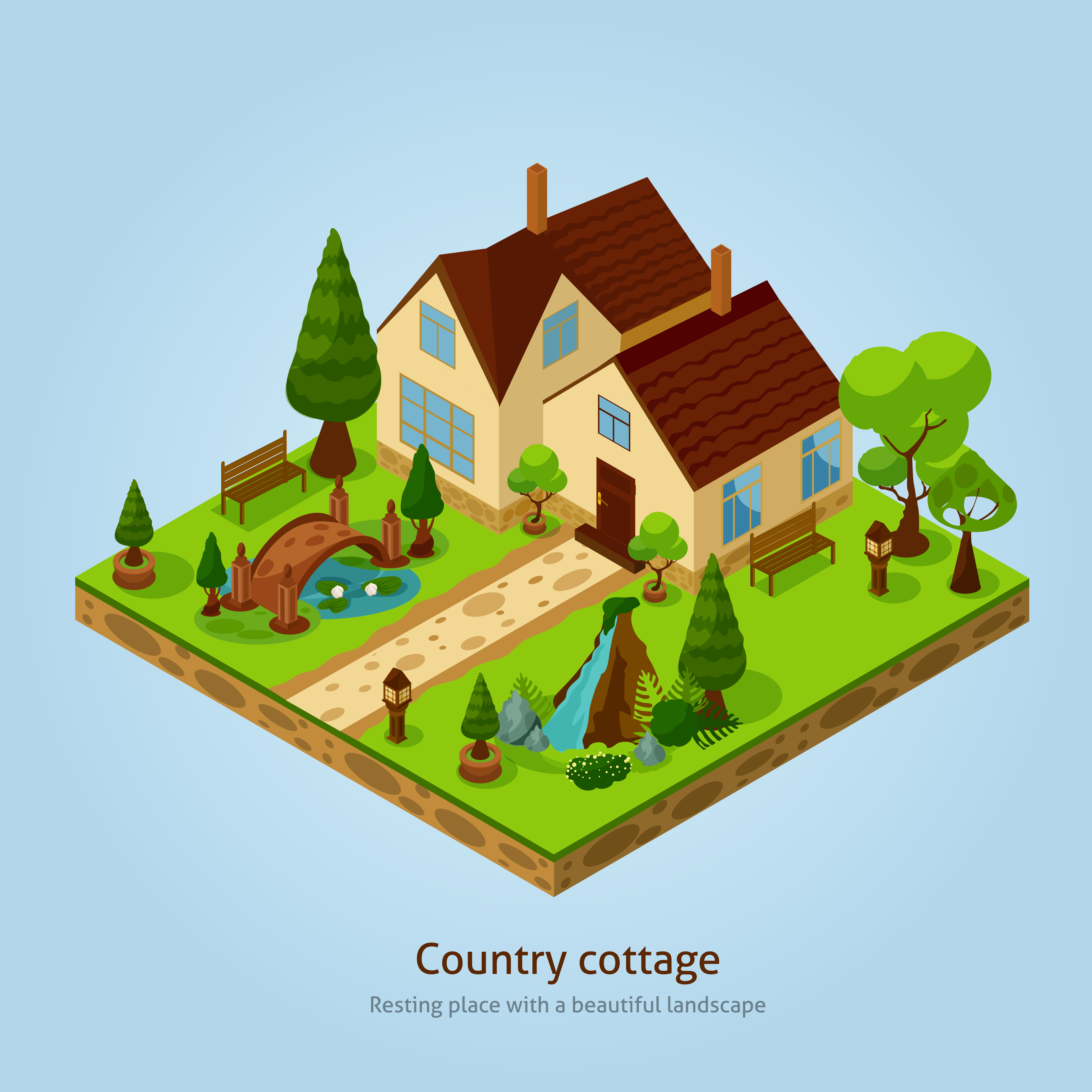 Isometric Country Cottage Landscape Design Concept Download Free
