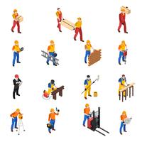 Colección de iconos isométricos de los trabajadores de la construcción de constructores vector