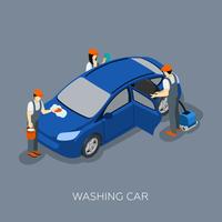 Autoservice Team Washing Car Isometric Banner  vector
