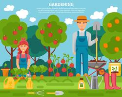 Cartel colorido del concepto de la familia del granjero con el cultivo de frutas y verduras y herramientas de jardinería poste plano vector