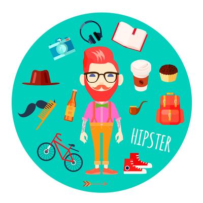 Hipster Character Accessories Flat Round Illustration