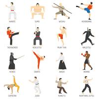 Conjunto de iconos planos decorativos de artes marciales vector