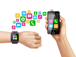 Símbolos de transferencia de datos Smartwatch compatibles con teléfonos inteligentes vector