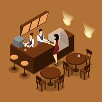  Barista Serving Customer Isometric Brown Poster vector