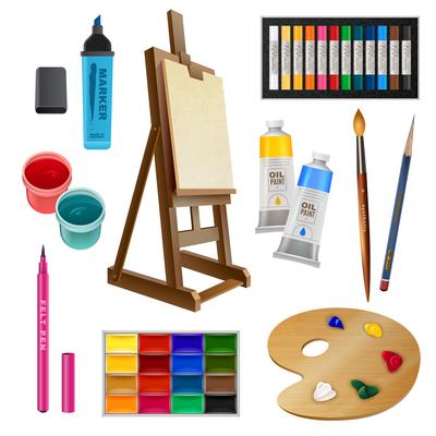 Painting tools elements vector set in cartoon style. Art supplies. Paint  tubes, brushes, pencils, watercolor, palette, crayons. Vector hand draw  illustration. 26226274 Vector Art at Vecteezy