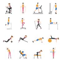 Gente entrenando en el gimnasio Icons Set vector