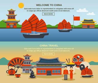 Conjunto de Banners horizontales de viajes de cultura china vector