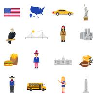 Conjunto de iconos planos de los símbolos de la cultura de Estados Unidos vector