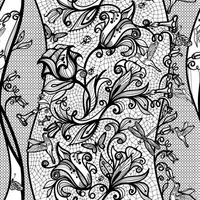 Abstract seamless lace pattern with flowers, butterflies, dragonflies and hummingbirds.