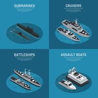 Conjunto de iconos isométricos de barcos militares cuadrados vector