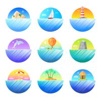 Tropical Island Round Colorful  Icons Set  vector