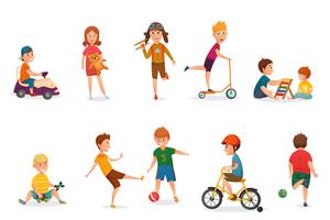 Retro Cartoon Kids Playing Icon Set vector