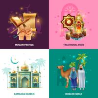 Ramadán tradiciones concepto 4 iconos cuadrados vector
