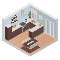 Interior de cocina isométrica con zonas de cocina y comedor vector