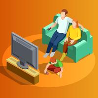 Familia viendo televisión imagen isométrica en casa vector
