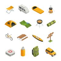 Camping senderismo conjunto de iconos isométricos vector