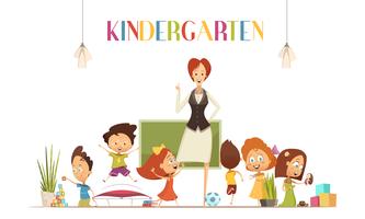 Kindergarden Teacher With Kids Cartoon Illustration